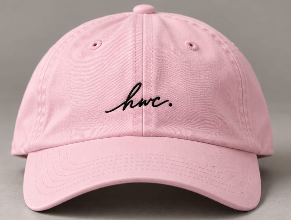 Pink cap with hwc. script embroidery